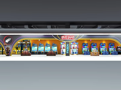 Colorful Playground Entertainment Area With Row Of Interactive Game Machines And Bright Lights 3d model