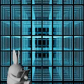 Rabbit Head Object Against Blue Geometric Grid With Repeating Square Lines