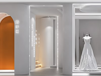 Bridal Shop Interior With Elegant Wedding Dress Display And White Decor Elements 3d model
