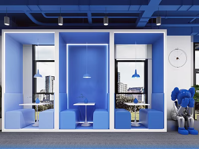 Modern Blue Lounge Area with Booths Tables Chairs Windows City View Pendant Lights and Cartoon Figure 3d model