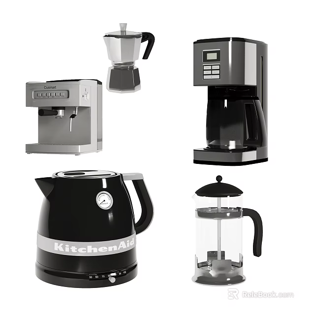 Essential Modern Kitchen Appliances Including Coffee Maker Kettle And French Press 3d model