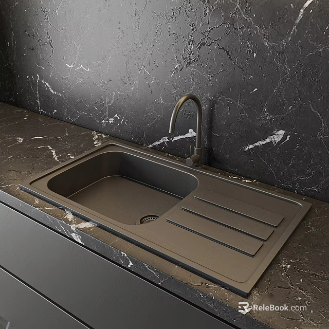 Modern Kitchen Faucet With Built In Dark Sink On Black Marble Countertop 3d model 