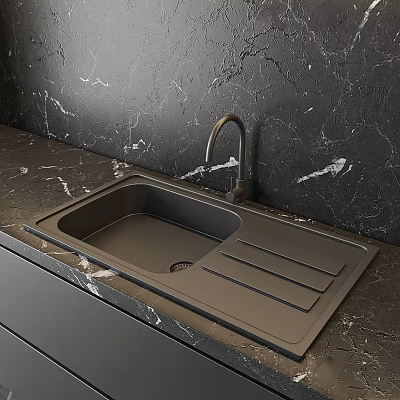 Modern Kitchen Faucet With Built In Dark Sink On Black Marble Countertop 3d model