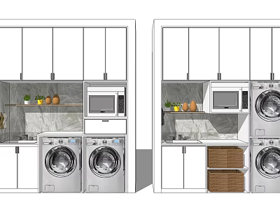 Bathroom Cabinet Rack With Washing Machines Microwave Marble Countertop Green Plants And Fruits 3d model