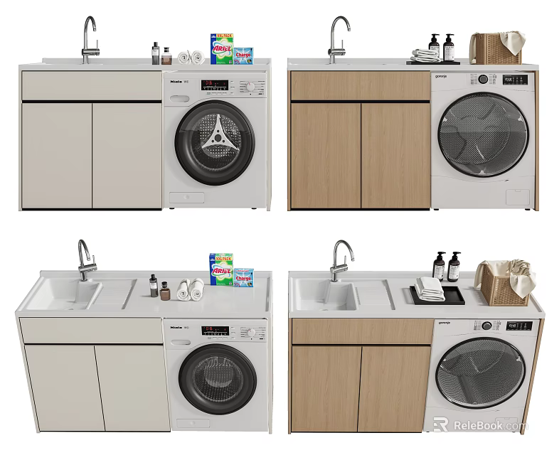 White and Wooden Bathroom Vanity Cabinet with Washing Machine Sink Storage Cabinets and Toiletries 3d model 