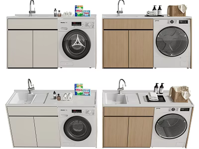 White and Wooden Bathroom Vanity Cabinet with Washing Machine Sink Storage Cabinets and Toiletries 3d model