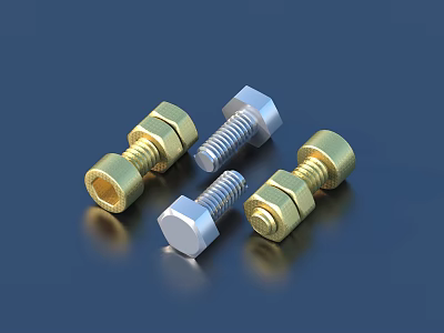 Gold And Silver Metal Bolts And Nuts With Hex Head On Reflective Surface 3d model