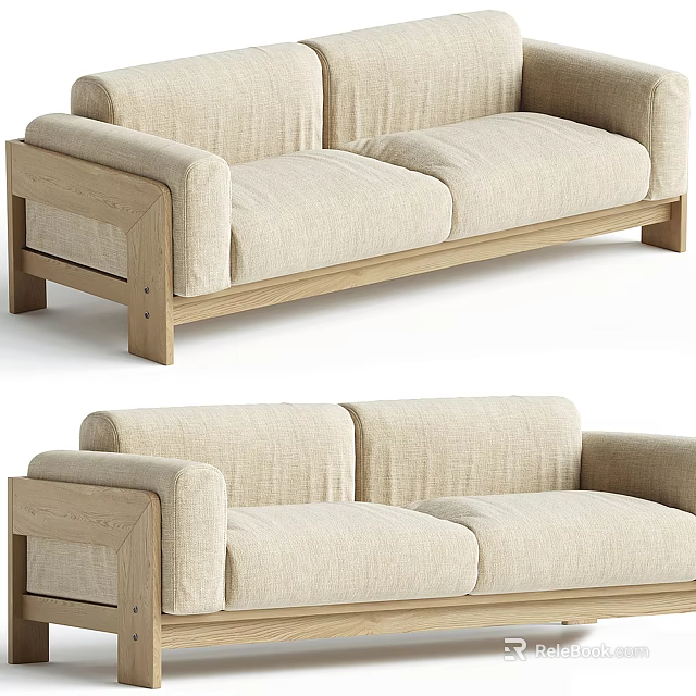 Minimalist Two Seater Sofa With Light Beige Fabric And Wooden Frame Design 3d model 