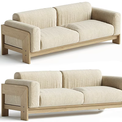 Minimalist Two Seater Sofa With Light Beige Fabric And Wooden Frame Design 3d model