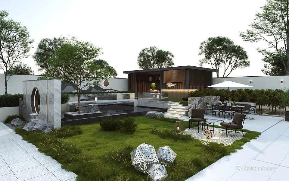 Modern Courtyard Garden Design With Green Lawn Stone Pathway Pool And Seating Area 3d model 