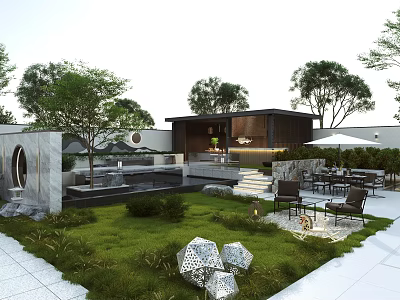 Modern Courtyard Garden Design With Green Lawn Stone Pathway Pool And Seating Area 3d model