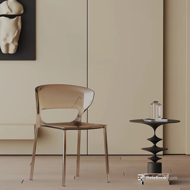Modern Dining Chair With Metallic Frame Transparent Backrest Against Light Beige Wall And Side Table 3d model