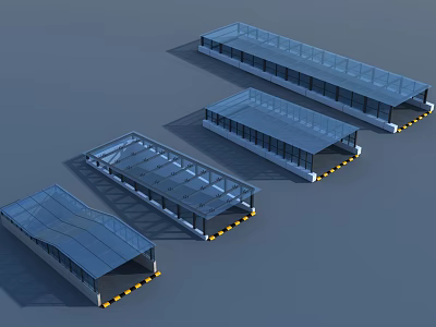 Glass Roof Structures With Varying Lengths And Yellow Black Base Stripes 3d model