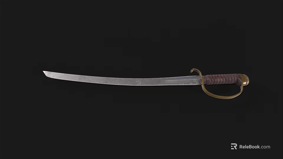 Antique Saber Sword with Curved Steel Blade Leather Wrapped Handle and Brass Guard Ring 3d model 
