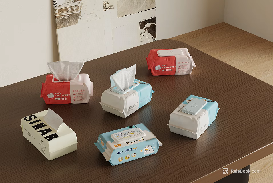 Red Blue White Tissue Boxes With Baby SINAR Labels On Wooden Table 3d model 