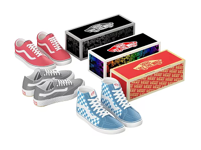 Stylish Vans Shoes In Red Gray Blue Checkered Design With Colorful Shoe Boxes 3d model