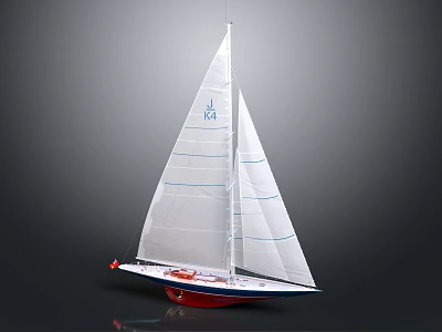 Model Sailboat With White Sails Blue Stripes Red And Blue Hull Grey Background Reflection 3d model