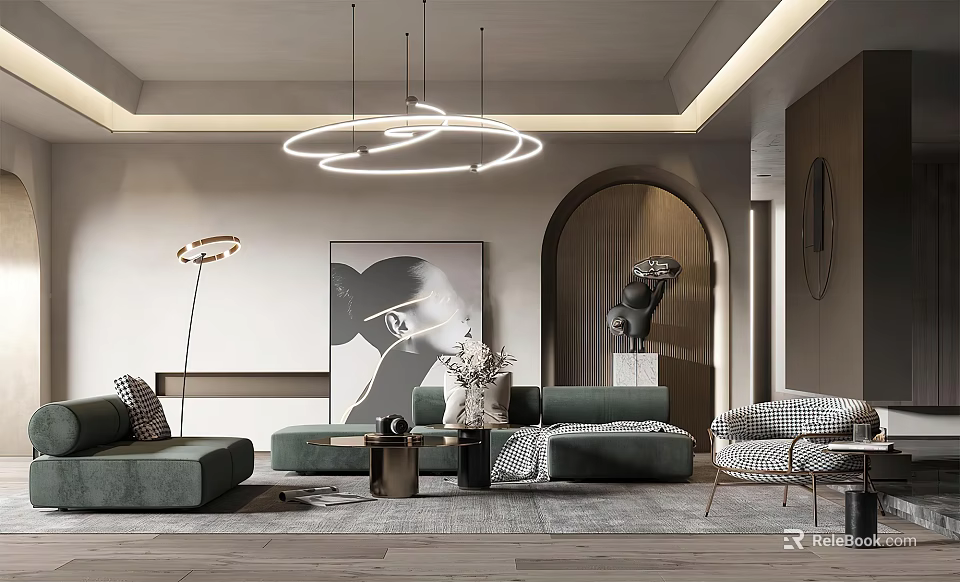 Modern Living Room Interior Design With Green Sofa Circular Chandelier Artwork Sculpture And Area Rug 3d model 