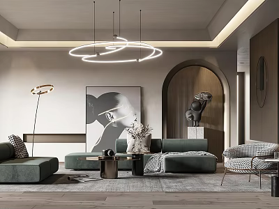 Modern Living Room Interior Design With Green Sofa Circular Chandelier Artwork Sculpture And Area Rug 3d model