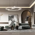Modern Living Room Interior Design With Green Sofa Circular Chandelier Artwork Sculpture And Area Rug