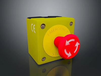 Yellow Emergency Stop Button With Red Rotating Knob And CE Mark 3d model