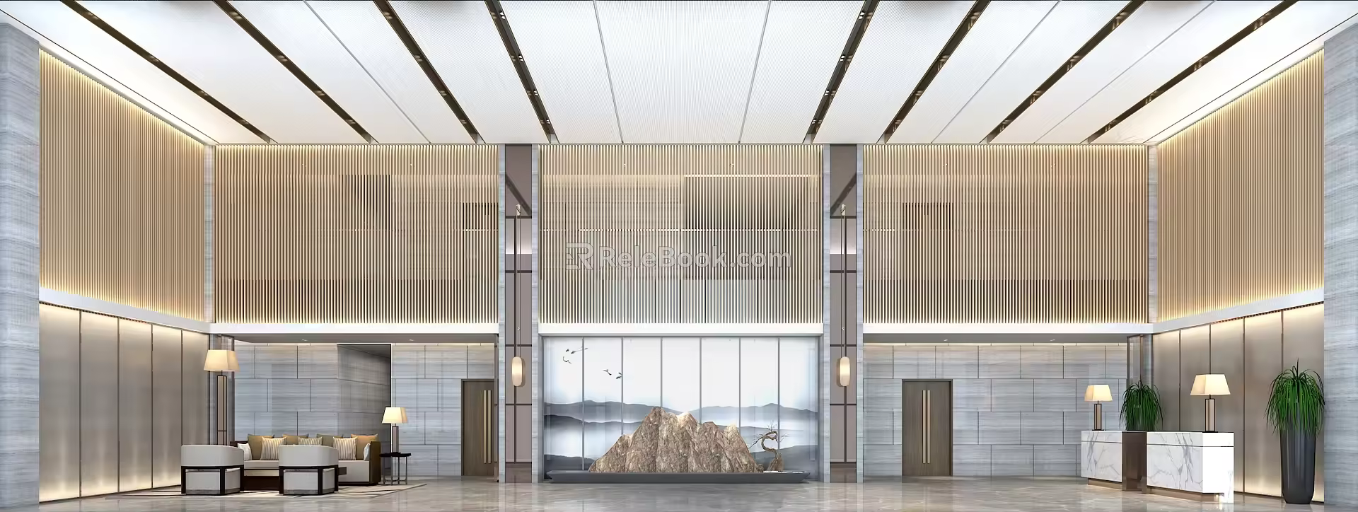 New Chinese Hall Hotel Lobby Hall Reception Desk Reception Sofa 3d model