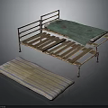 Rustic Wooden Slats Metal Bed Frame With Green Mattress And Striped Cushion