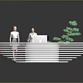 White Curved Reception Desk With Computer On Top And Green Tree Decor Beside Two People