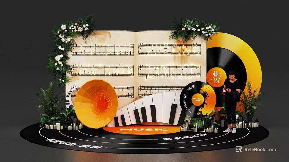 Music Themed Photo Spot With Music Sheets Vinyl Records Piano Keys Horn And Floral Decor 3d model 