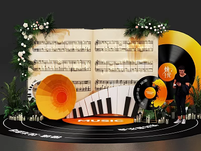 Music Themed Photo Spot With Music Sheets Vinyl Records Piano Keys Horn And Floral Decor 3d model
