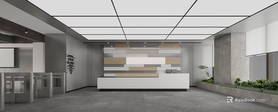Modern Reception Area Interior With White Wood Desk And Geometric Panel Wall 3d model