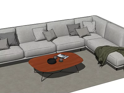 Gray Sectional Sofa With Multiple Cushions Wooden Coffee Table Green Blanket 3d model