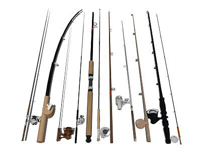 Various Types Of Fishing Rods With Reels And Fishing Gear Collection 3d model
