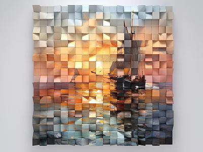 Colorful 3D Cube Wall Art Featuring Sailing Ship At Sunset Over Sea 3d model