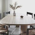Modern Dining Living Interior With Round Wooden Table Rattan Chairs Dried Flower Vase Stone Floor