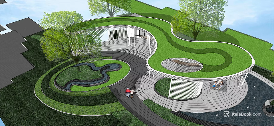 Innovative Landscape Design With Green Roof Winding Path Small Pond And Trees 3d model 