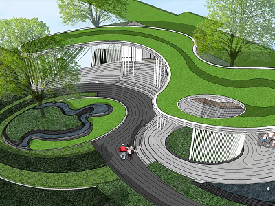 Innovative Landscape Design With Green Roof Winding Path Small Pond And Trees 3d model