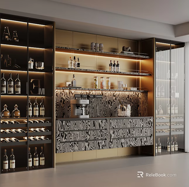 Modern Wine Cabinet With Glass Doors Multiple Shelves And Wine Bottles Decor 3d model 