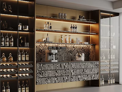 Modern Wine Cabinet With Glass Doors Multiple Shelves And Wine Bottles Decor 3d model