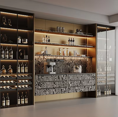 Modern Wine Cabinet With Glass Doors Multiple Shelves And Wine Bottles Decor 3d model
