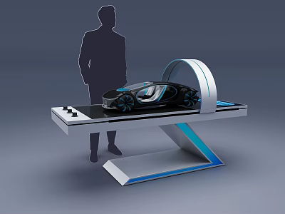 Black Concept Car On Modern Display Stand With Silhouette Figure And Sleek Design 3d model