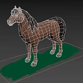 Cartoon Brown Horse Standing On Green Grass With Blue Sky Background