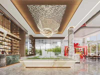 Luxurious Property Sales Office Interior With Grand Chandelier Marble Water Feature And Floor To Ceiling Windows 3d model