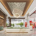 Luxurious Property Sales Office Interior With Grand Chandelier Marble Water Feature And Floor To Ceiling Windows