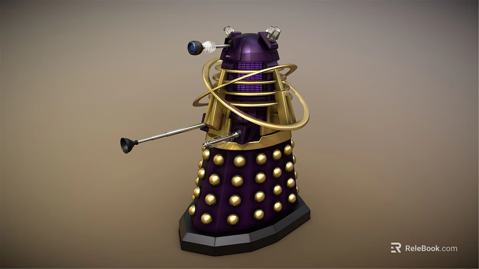 Purple And Gold Robot Character With Spherical Armor Sensors And Mechanical Arm 3d model 