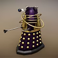 Purple And Gold Robot Character With Spherical Armor Sensors And Mechanical Arm