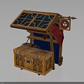 Modern Wooden Market Stall Setup With Blue Glass Windows And Emblem Chest