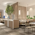 Modern Restaurant Interior With Wooden Partitions Tables Chairs Bar Counter Fish Tank And Green Plant