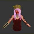 Woman With Purple Hair Cat Ear Hat Arm Tattoos Striped Sleeves And Black Camisole Dress