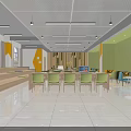 Bright Spacious Indoor Activity Area With Green Yellow Walls Wooden Step Seats And Green Chairs